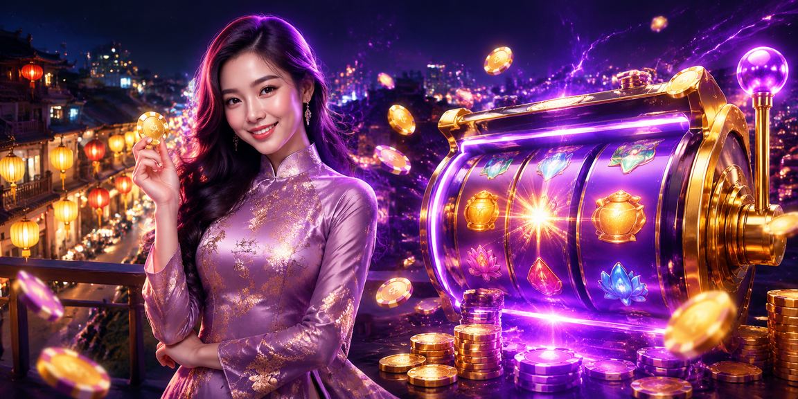 Người phụ nữ mặc áo dài Hà Nội chơi slot game trực tuyến trên điện thoại